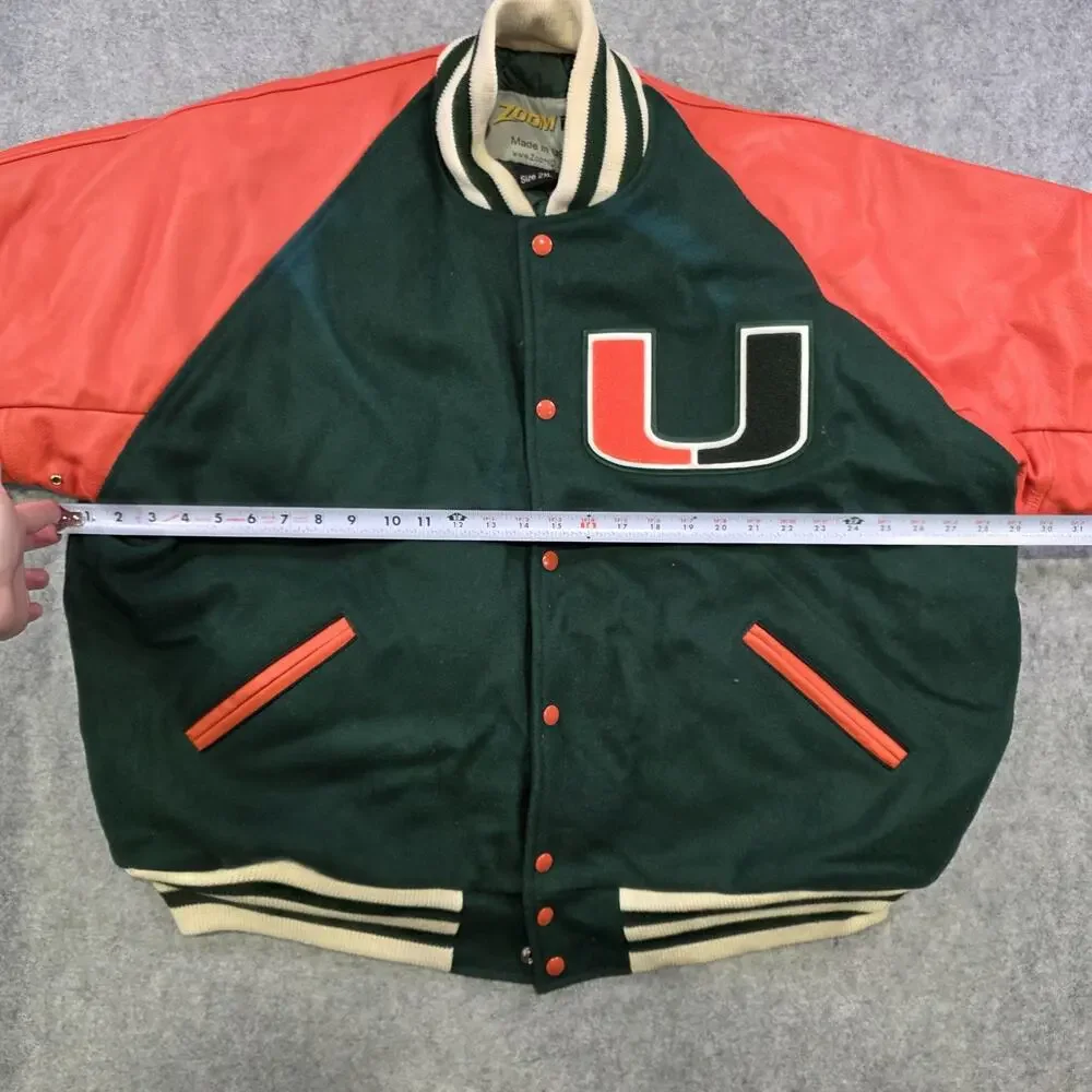 Miami Hurricanes Varsity Jacket Mens 2XL Green Orange NCAA Football Zoom ID Wool